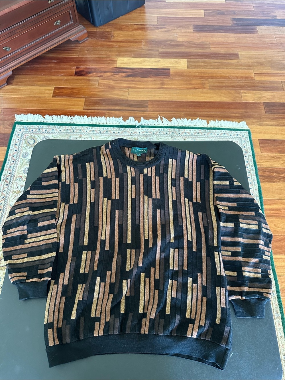 Tundra Canada Men's Black Geometric Stripe Crewneck Sweater - Brown Accent XL